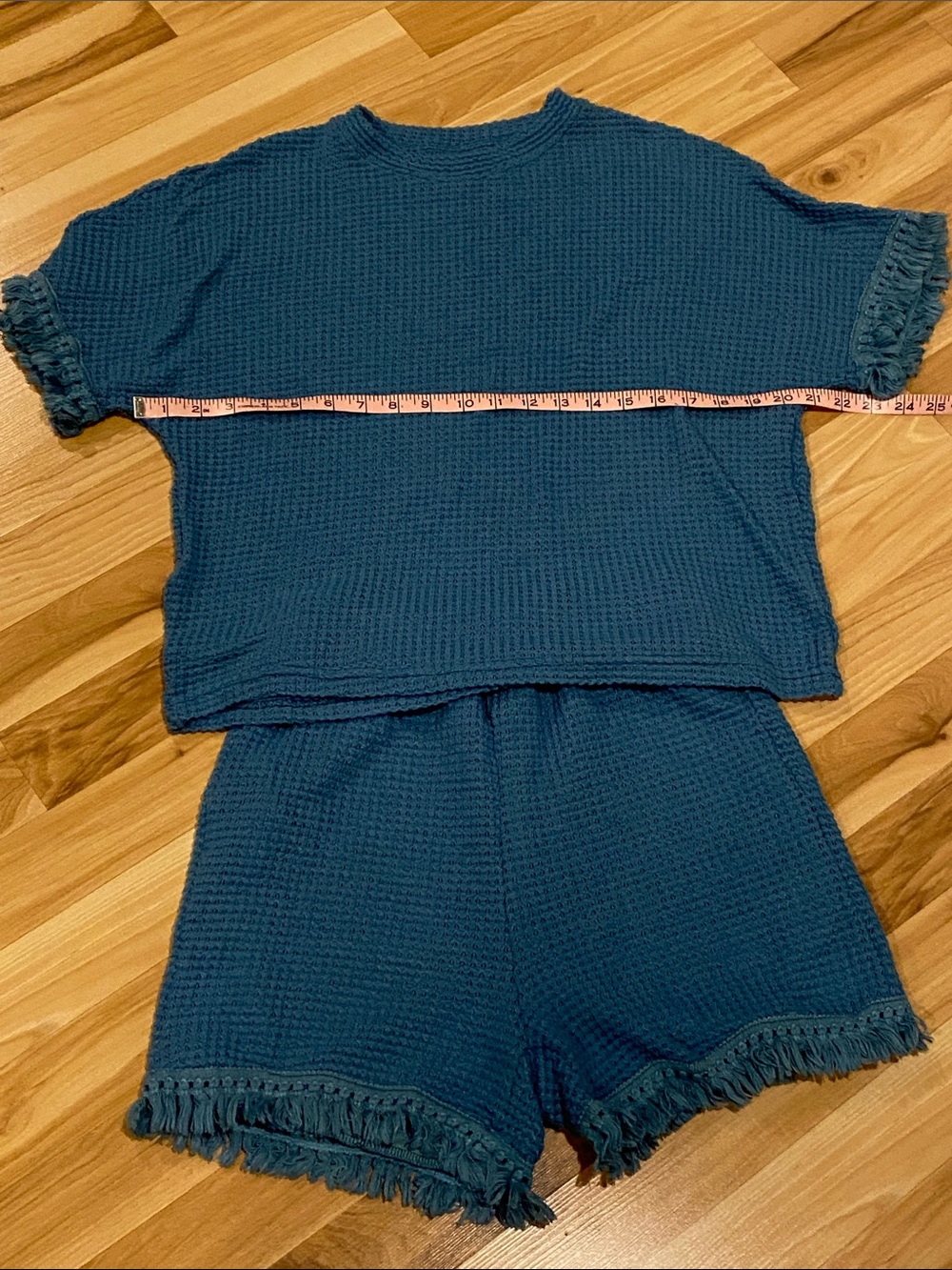 Distressed turquoise color Waffle Knit Short Set with Fringe. Size M GUC